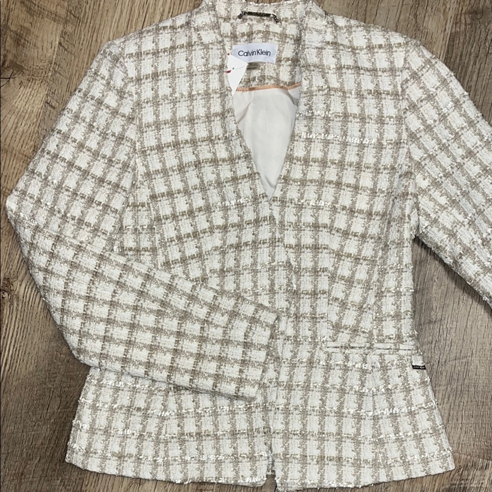 NWOT Calvin Klein Off White Gold Tweed Crop Short Wool Blazer Size‎ 2P
